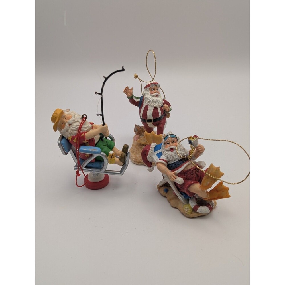 Vintage Resin Beach Santa Ornaments Lot of 3 Coastal Tropical Fishing AS IS